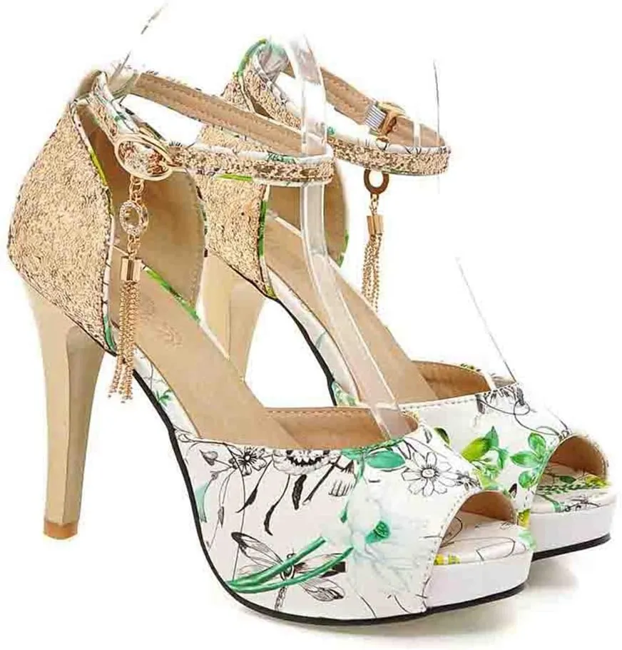 MIOKE Women's Floral Platform High Heel Sandals Open Toe Buckle T-Strap Pump Chunky Dress Heeled Sandal