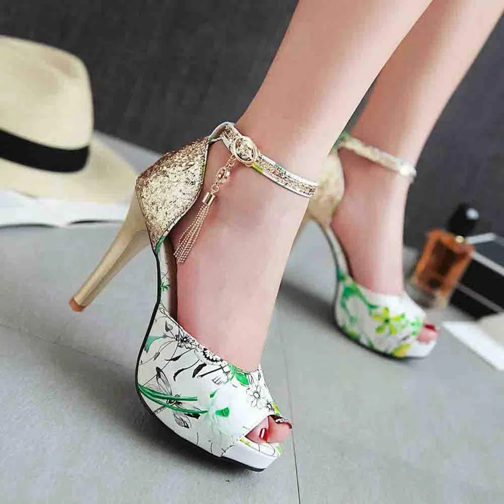 MIOKE Women's Floral Platform High Heel Sandals Open Toe Buckle T-Strap Pump Chunky Dress Heeled Sandal