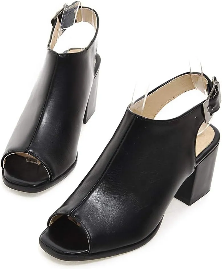 MIOKE Women's Peep Toe Block Mid Heel Sandals Cutout Buckle Slingback Chunky Heeled Dress Pumps Sandal