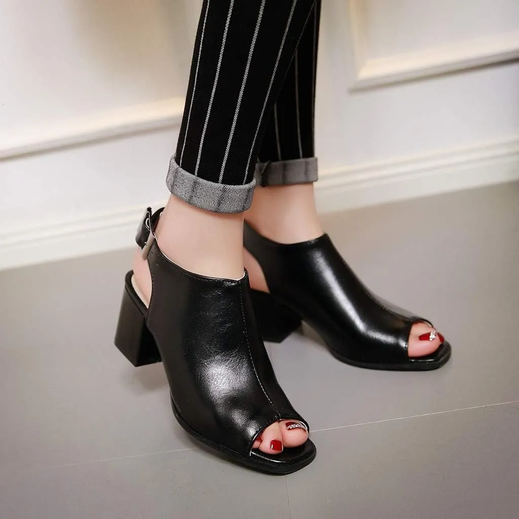 MIOKE Women's Peep Toe Block Mid Heel Sandals Cutout Buckle Slingback Chunky Heeled Dress Pumps Sandal