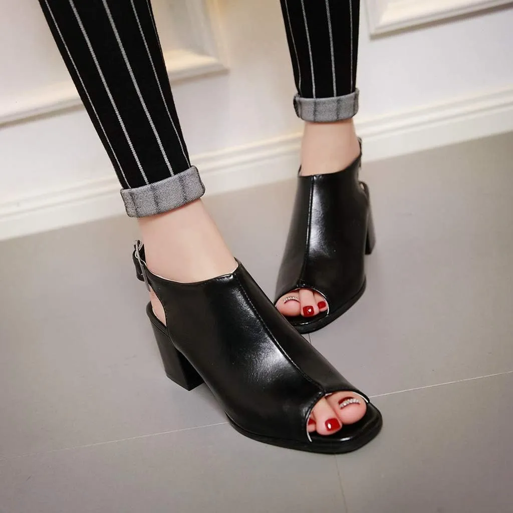 MIOKE Women's Peep Toe Block Mid Heel Sandals Cutout Buckle Slingback Chunky Heeled Dress Pumps Sandal
