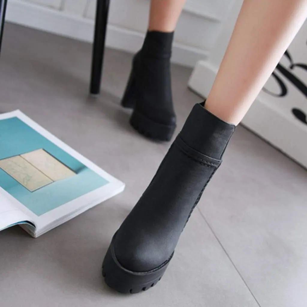 MIOKE Women's Platform High Heeled Ankle Booties Round Toe Chelsea Waterproof Elastic Dressy Short Boots