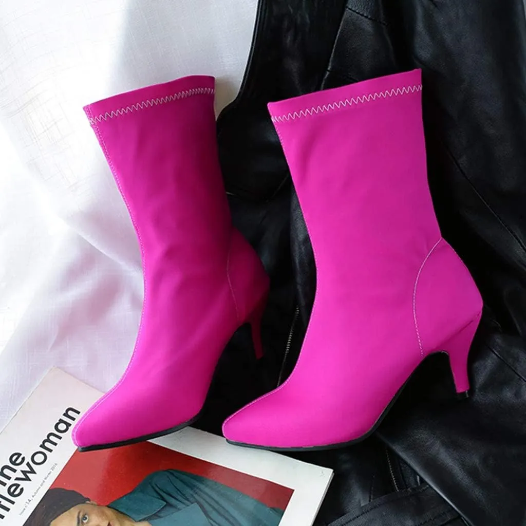 MIOKE Women's Pointed Toe Stretch Ankle Boots Fashion Comfy Kitten Low Heel Pull On Dressy Short Booties