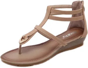 MIOKE Women's Roman T-strap Low Wedge Sandals Gladiator Strappy Summer Beach Back Zipper Flip Flops Shoes