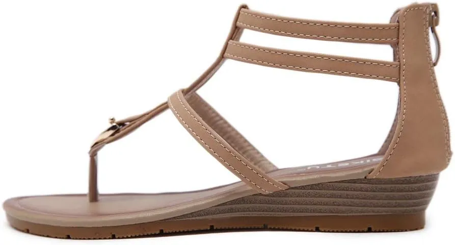 MIOKE Women's Roman T-strap Low Wedge Sandals Gladiator Strappy Summer Beach Back Zipper Flip Flops Shoes