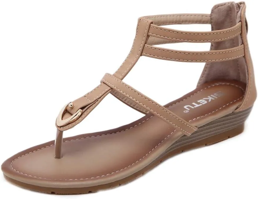 MIOKE Women's Roman T-strap Low Wedge Sandals Gladiator Strappy Summer Beach Back Zipper Flip Flops Shoes