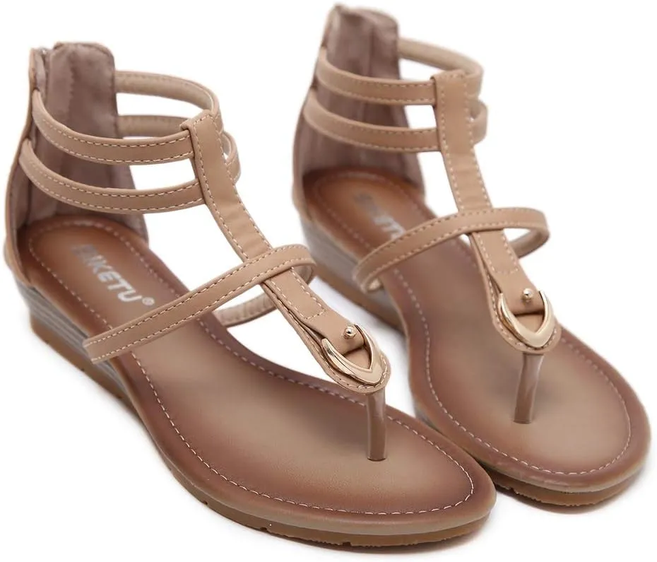 MIOKE Women's Roman T-strap Low Wedge Sandals Gladiator Strappy Summer Beach Back Zipper Flip Flops Shoes