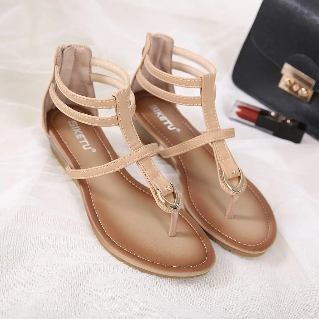 MIOKE Women's Roman T-strap Low Wedge Sandals Gladiator Strappy Summer Beach Back Zipper Flip Flops Shoes