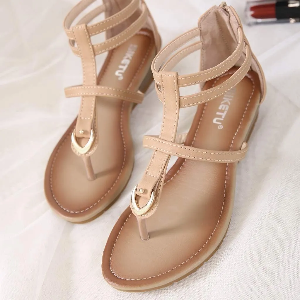 MIOKE Women's Roman T-strap Low Wedge Sandals Gladiator Strappy Summer Beach Back Zipper Flip Flops Shoes