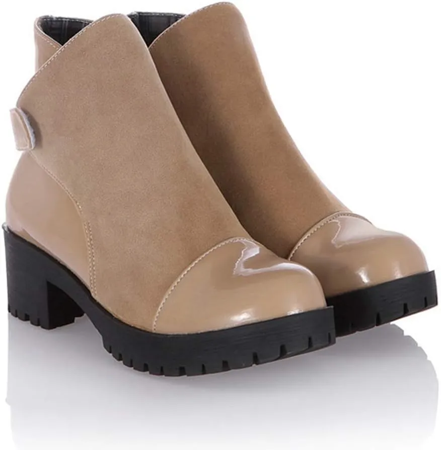 MIOKE Women's Round Toe Dressy Ankle Booties Platform Hook & Loop Chunky Mid Heel Casual Walking Short Boots