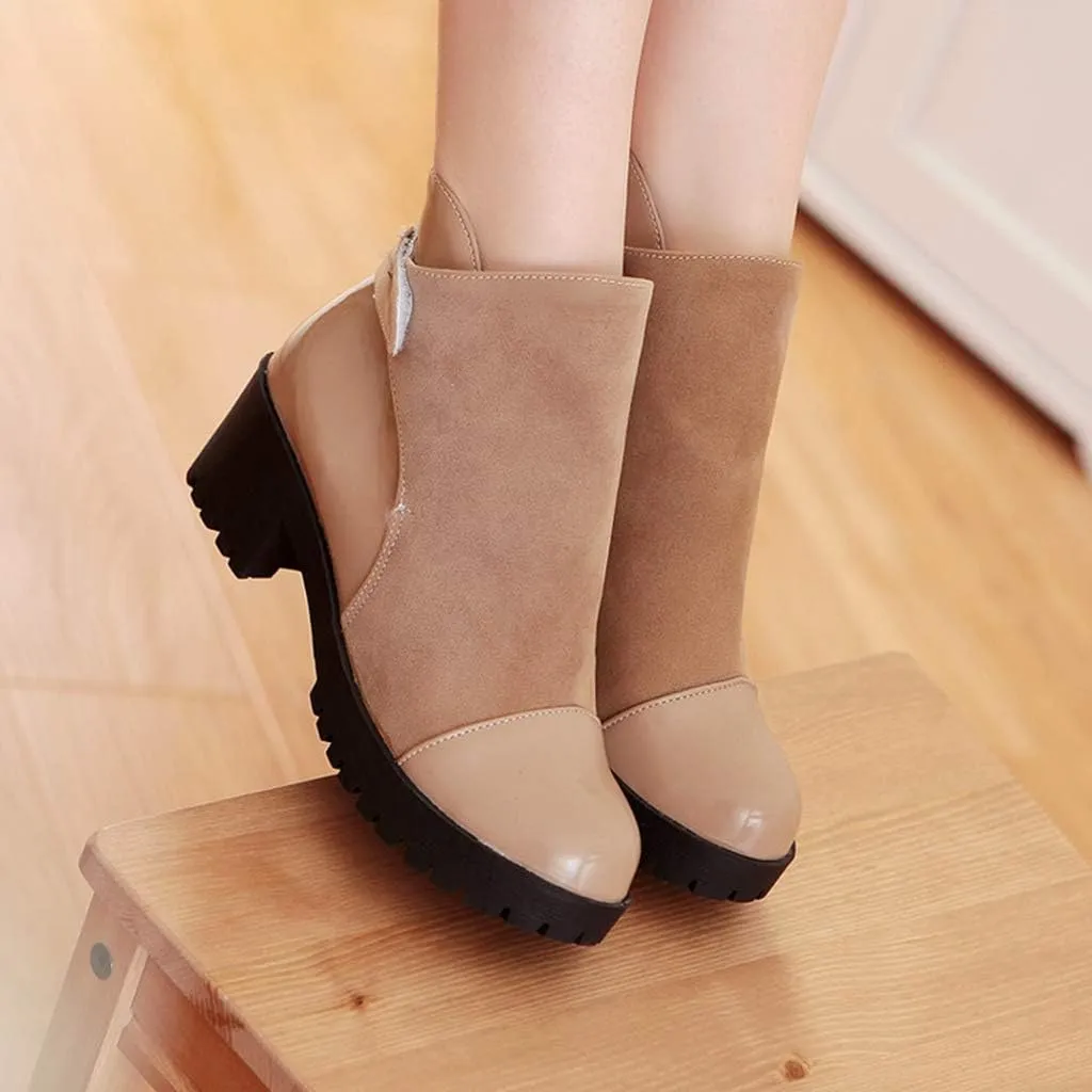 MIOKE Women's Round Toe Dressy Ankle Booties Platform Hook & Loop Chunky Mid Heel Casual Walking Short Boots