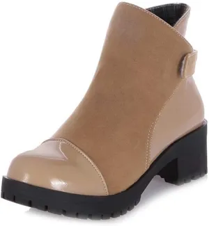 MIOKE Women's Round Toe Dressy Ankle Booties Platform Hook & Loop Chunky Mid Heel Casual Walking Short Boots