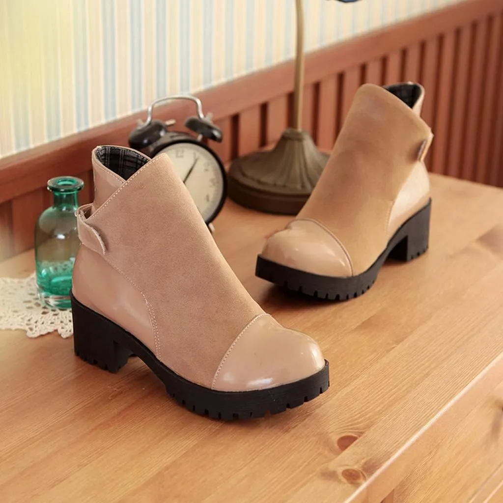 MIOKE Women's Round Toe Dressy Ankle Booties Platform Hook & Loop Chunky Mid Heel Casual Walking Short Boots
