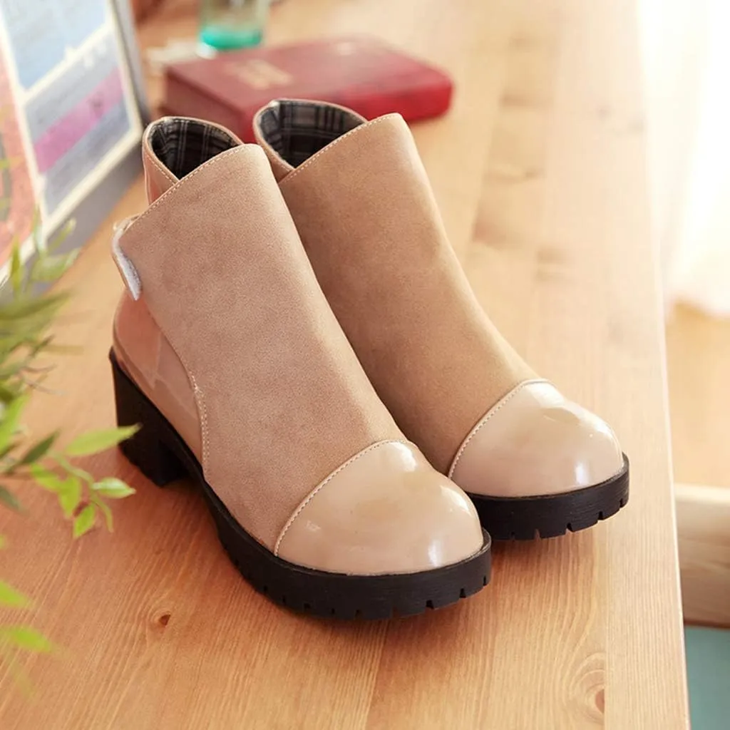 MIOKE Women's Round Toe Dressy Ankle Booties Platform Hook & Loop Chunky Mid Heel Casual Walking Short Boots