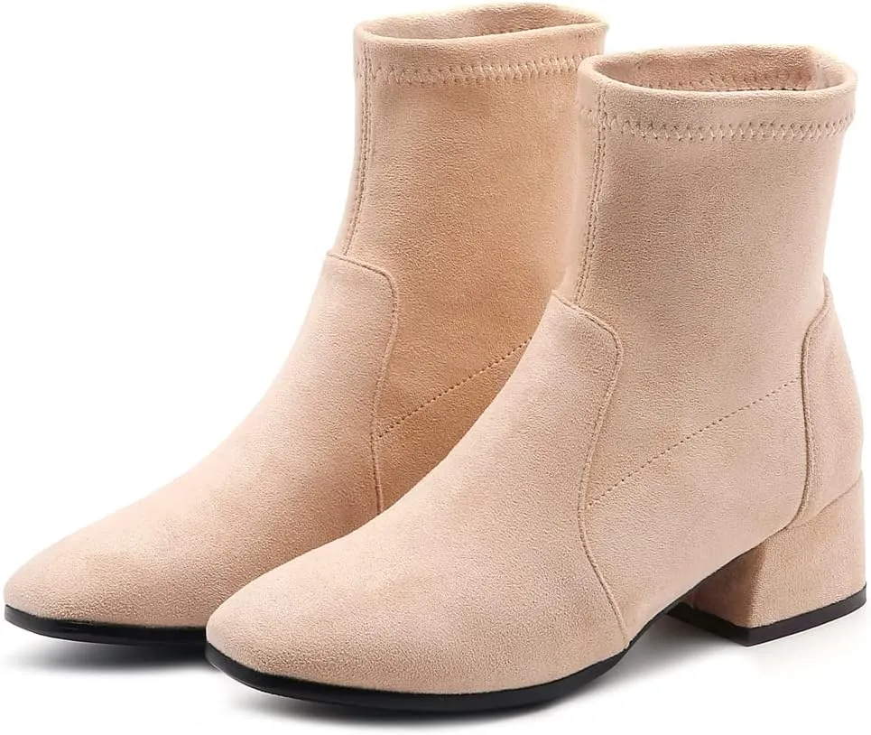 MIOKE Women's Square Toe Stretch Ankle Boots Vegan Suede Pull On Comfort Block Low Heel Dressy Short Boot