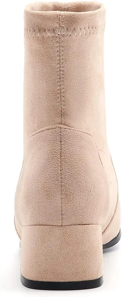 MIOKE Women's Square Toe Stretch Ankle Boots Vegan Suede Pull On Comfort Block Low Heel Dressy Short Boot
