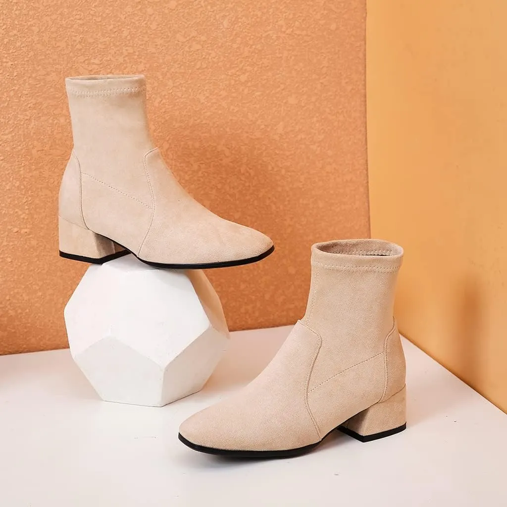 MIOKE Women's Square Toe Stretch Ankle Boots Vegan Suede Pull On Comfort Block Low Heel Dressy Short Boot