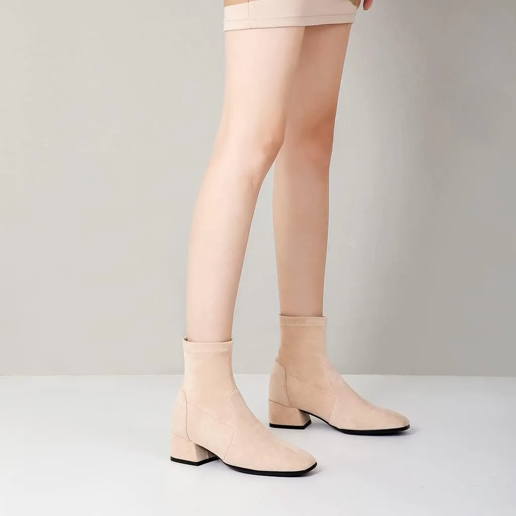 MIOKE Women's Square Toe Stretch Ankle Boots Vegan Suede Pull On Comfort Block Low Heel Dressy Short Boot