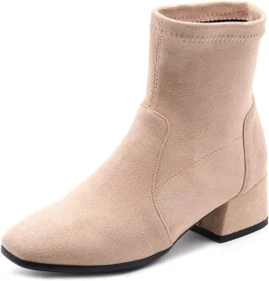 MIOKE Women's Square Toe Stretch Ankle Boots Vegan Suede Pull On Comfort Block Low Heel Dressy Short Boot
