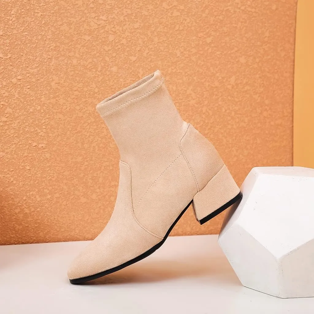 MIOKE Women's Square Toe Stretch Ankle Boots Vegan Suede Pull On Comfort Block Low Heel Dressy Short Boot