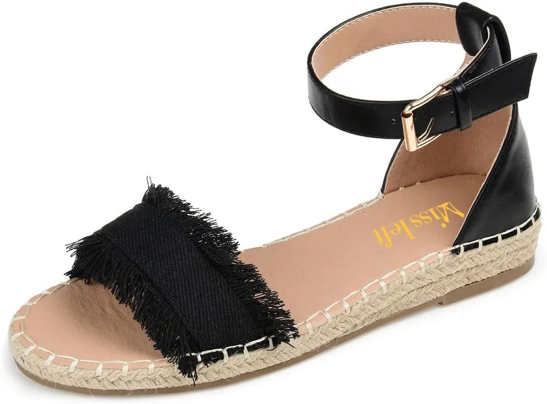 miss left Women Comfort Open Round Toe Espadrille Wedge Sandals Fringy Strap Buckles Low Heeled Shoes for Summer Holiday Beach Seaside Size 4-16 US