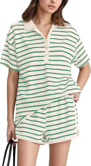 MISSACTIVER Lounge 2 Piece Sets for Women Stripe Short Sleeve Button Down Knit T Shirts Shorts Summer Matching Pajama Set