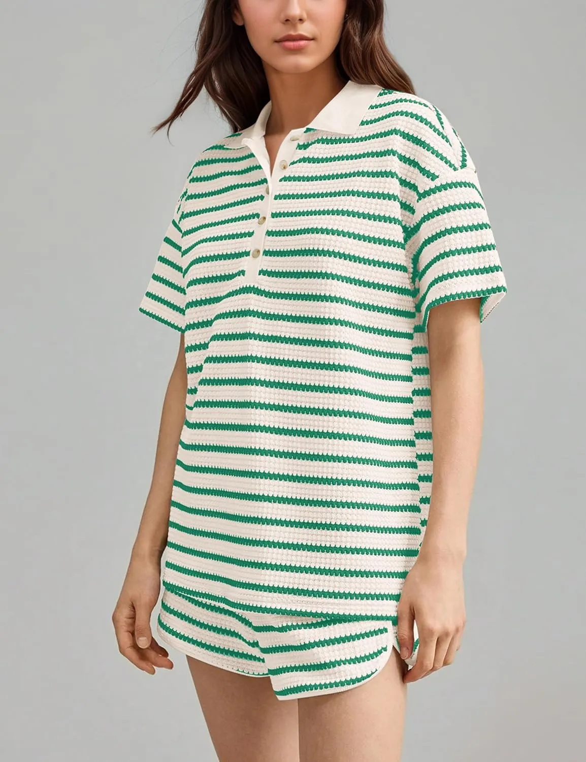 MISSACTIVER Lounge 2 Piece Sets for Women Stripe Short Sleeve Button Down Knit T Shirts Shorts Summer Matching Pajama Set