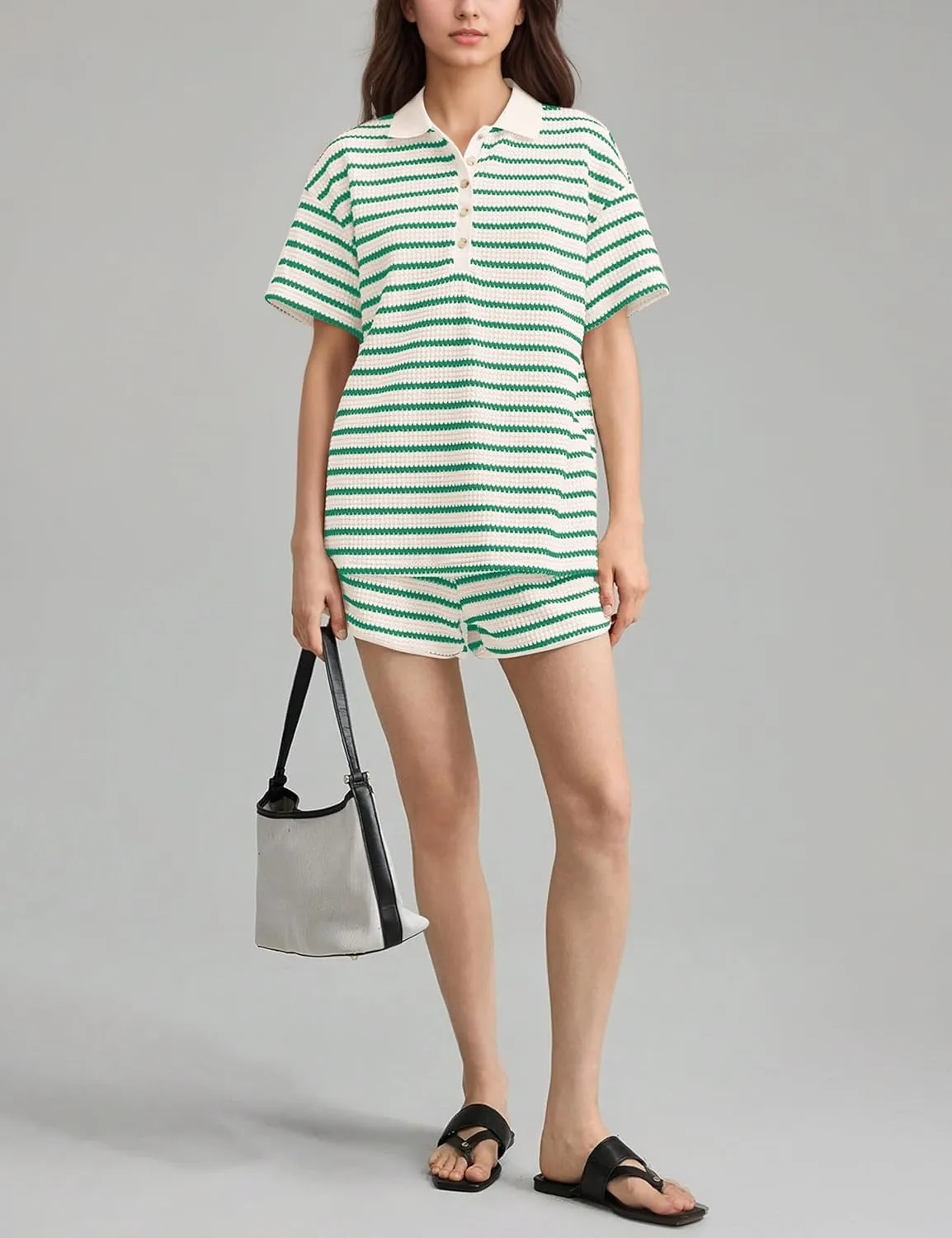 MISSACTIVER Lounge 2 Piece Sets for Women Stripe Short Sleeve Button Down Knit T Shirts Shorts Summer Matching Pajama Set