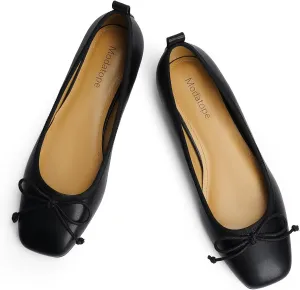 Modatope Ballet Flats with Bow Ballerina Closed Square Toe Slip on Bowknot Flats Shoes for Women Dressy
