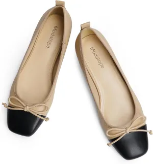 Modatope Ballet Flats with Bow Ballerina Closed Square Toe Slip on Bowknot Flats Shoes for Women Dressy