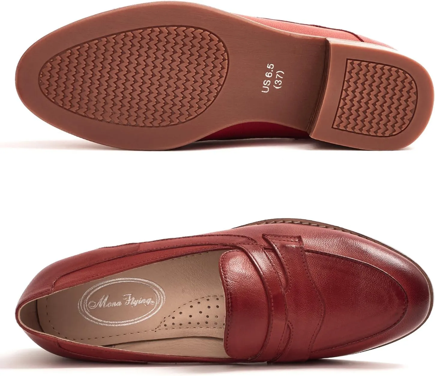 Mona flying Women's Comfort Leather Round Toe Penny Loafers Dress Casual Slip On Flats Ladies Office Work Shoes