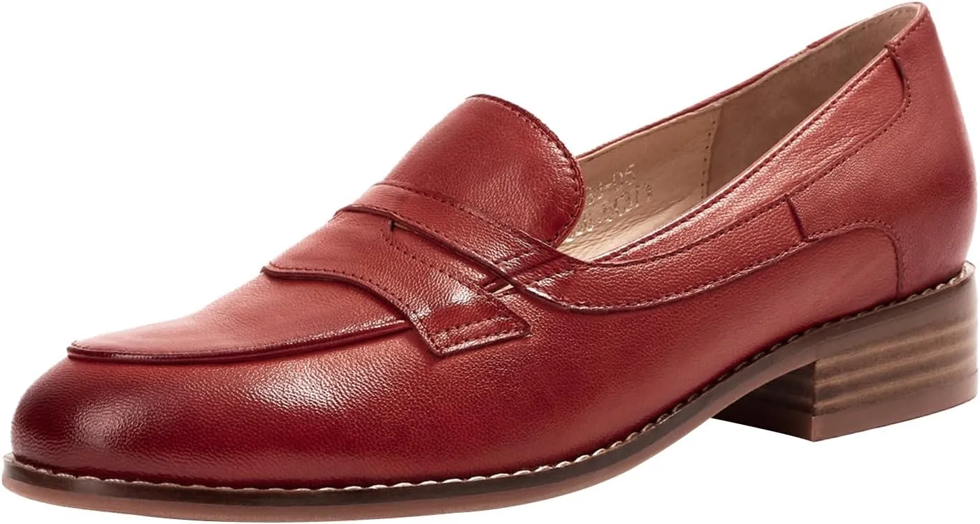 Mona flying Women's Comfort Leather Round Toe Penny Loafers Dress Casual Slip On Flats Ladies Office Work Shoes