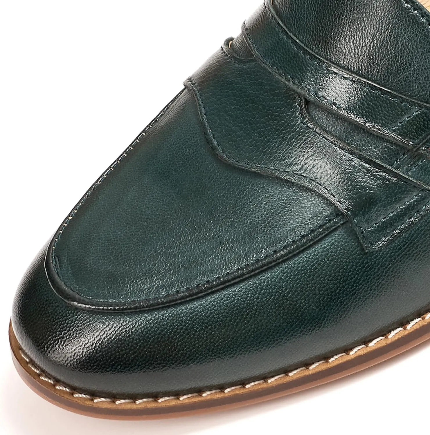 Mona flying Women's Comfort Leather Round Toe Penny Loafers Dress Casual Slip On Flats Ladies Office Work Shoes
