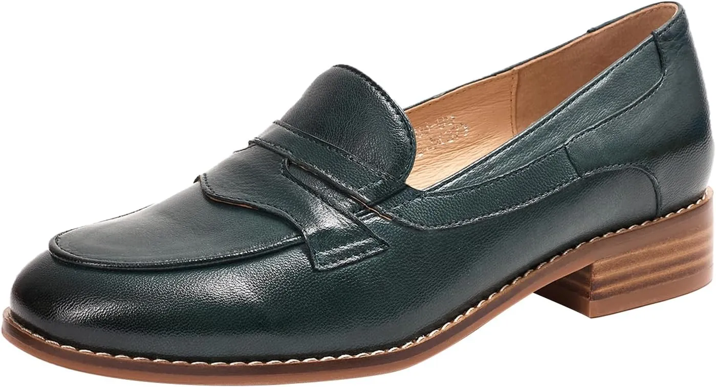 Mona flying Women's Comfort Leather Round Toe Penny Loafers Dress Casual Slip On Flats Ladies Office Work Shoes