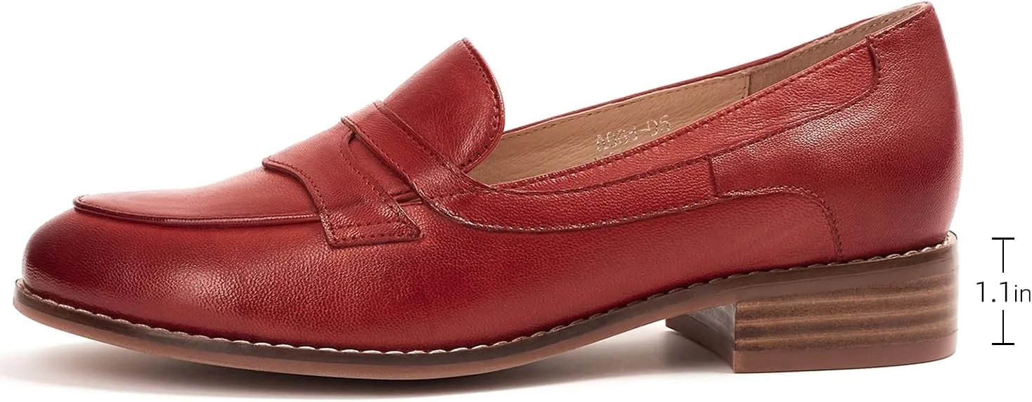 Mona flying Women's Comfort Leather Round Toe Penny Loafers Dress Casual Slip On Flats Ladies Office Work Shoes