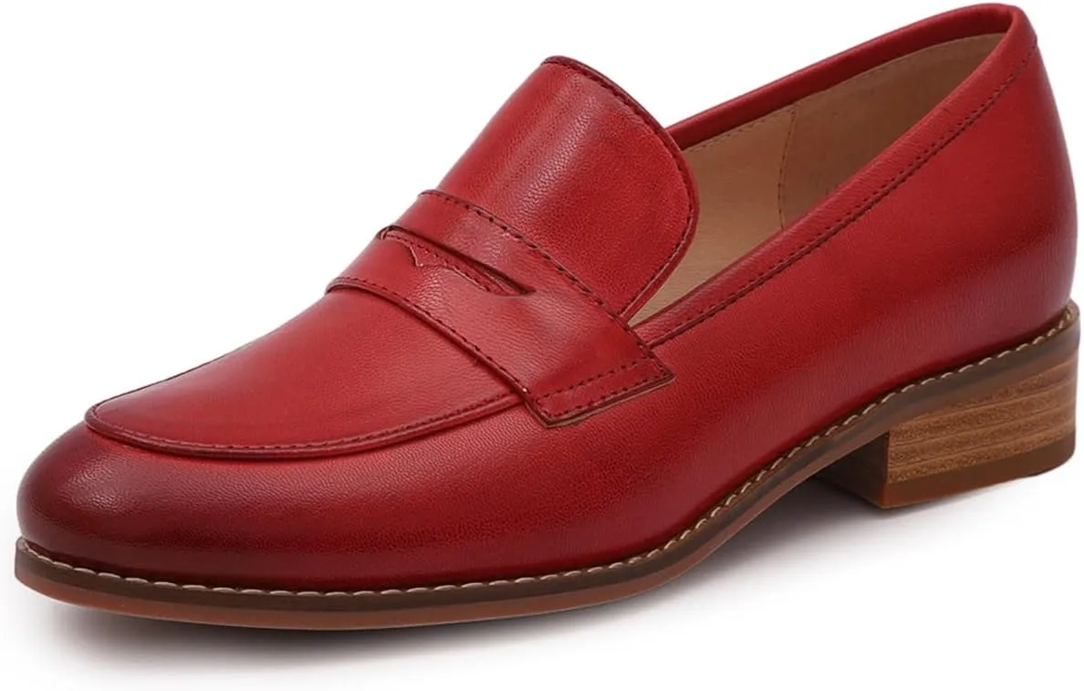 Mona flying Women's Comfort Leather Round Toe Penny Loafers Dress Casual Slip On Flats Ladies Office Work Shoes