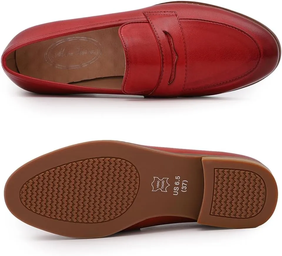 Mona flying Women's Comfort Leather Round Toe Penny Loafers Dress Casual Slip On Flats Ladies Office Work Shoes