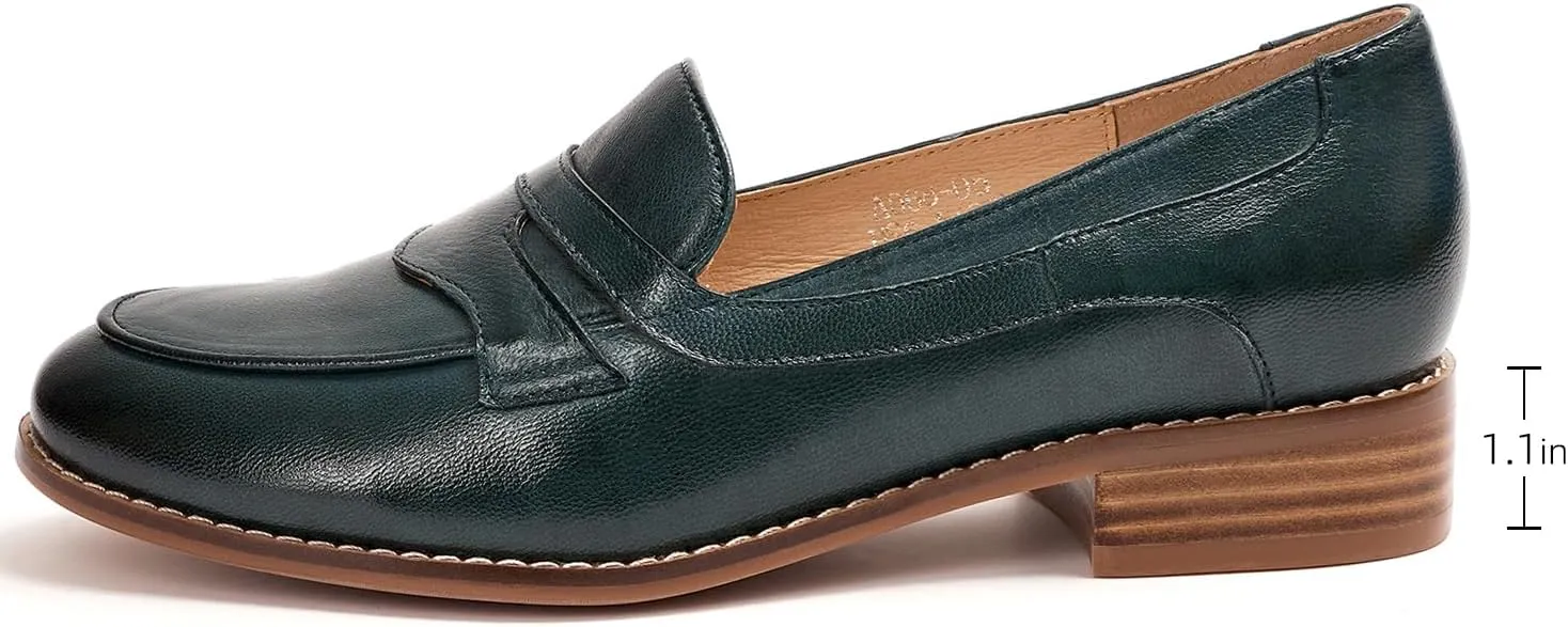 Mona flying Women's Comfort Leather Round Toe Penny Loafers Dress Casual Slip On Flats Ladies Office Work Shoes