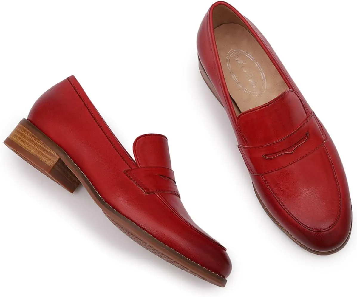 Mona flying Women's Comfort Leather Round Toe Penny Loafers Dress Casual Slip On Flats Ladies Office Work Shoes
