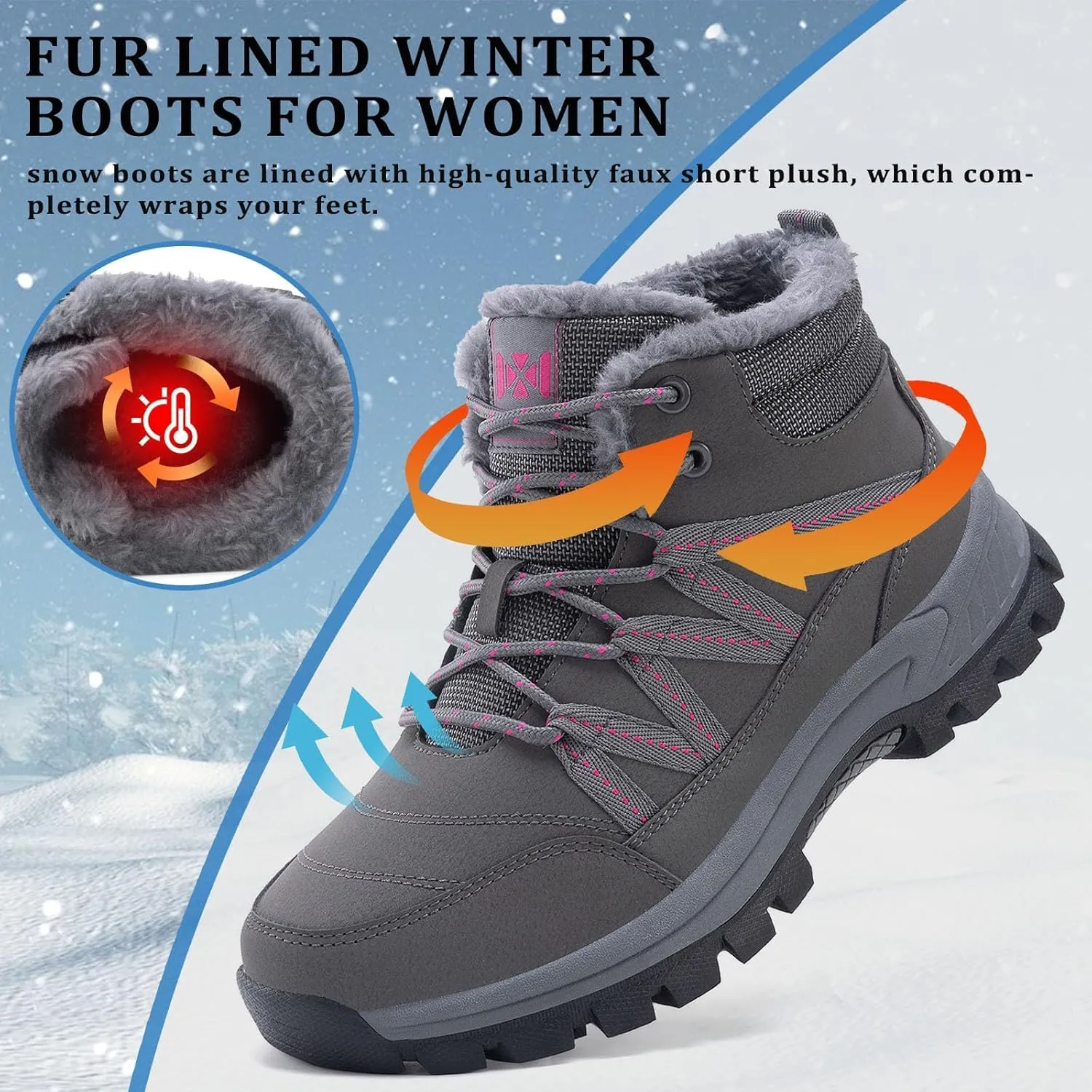 Moodeng Women Winter Boots Warm Comfortable Outdoor Ankle Boots Lace Up Hiking Boots Non-Slip Trekking Shoes