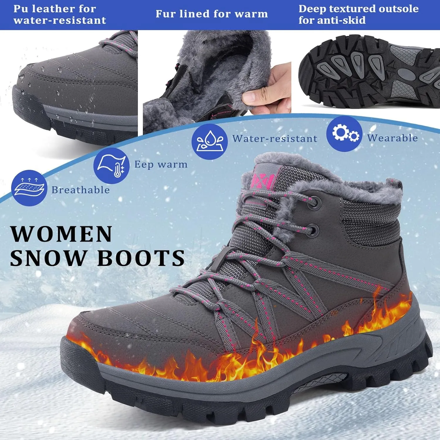Moodeng Women Winter Boots Warm Comfortable Outdoor Ankle Boots Lace Up Hiking Boots Non-Slip Trekking Shoes