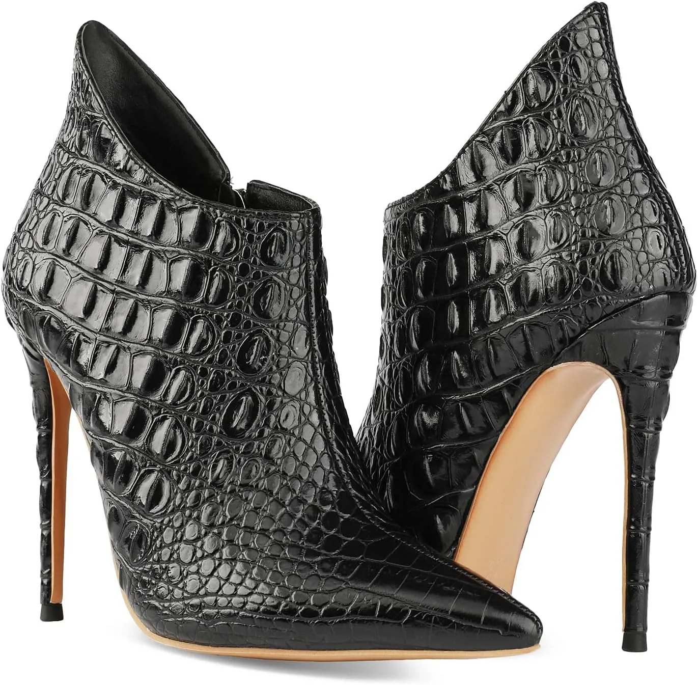 MOOMMO Vintage Pointed Toe Stiletto Heels Ankle Boots for Women Animal Print Side Zip 5 Inch High Heel Leopard Crocodile Boots Zipper Snakeskin Dress Boot Suede Booties Dressy Fashion Party 4-12 M US