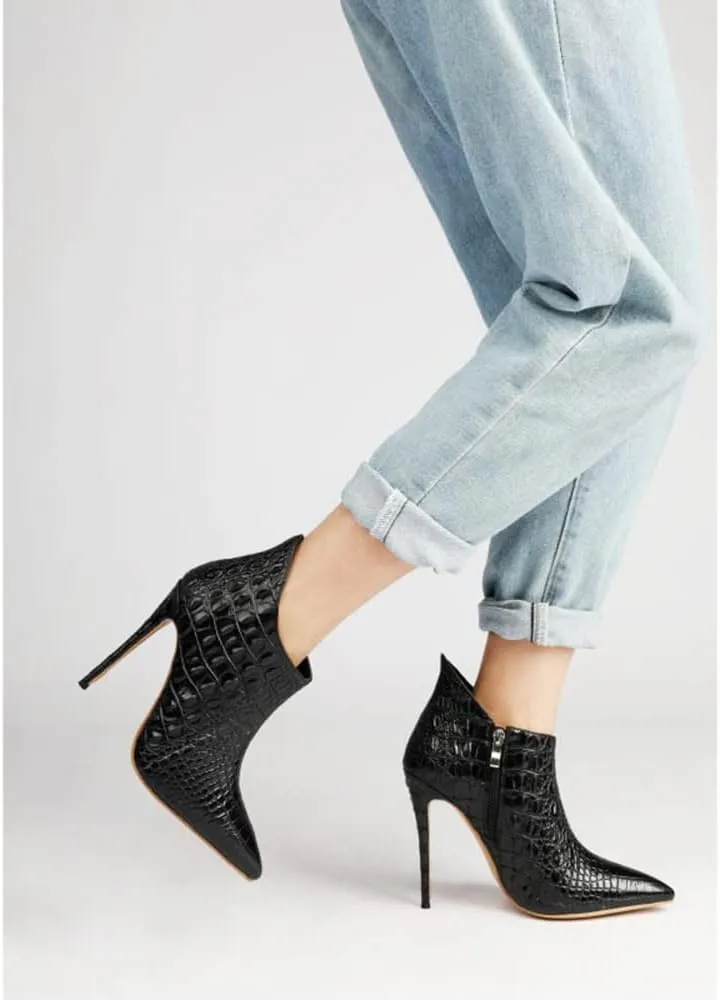 MOOMMO Vintage Pointed Toe Stiletto Heels Ankle Boots for Women Animal Print Side Zip 5 Inch High Heel Leopard Crocodile Boots Zipper Snakeskin Dress Boot Suede Booties Dressy Fashion Party 4-12 M US