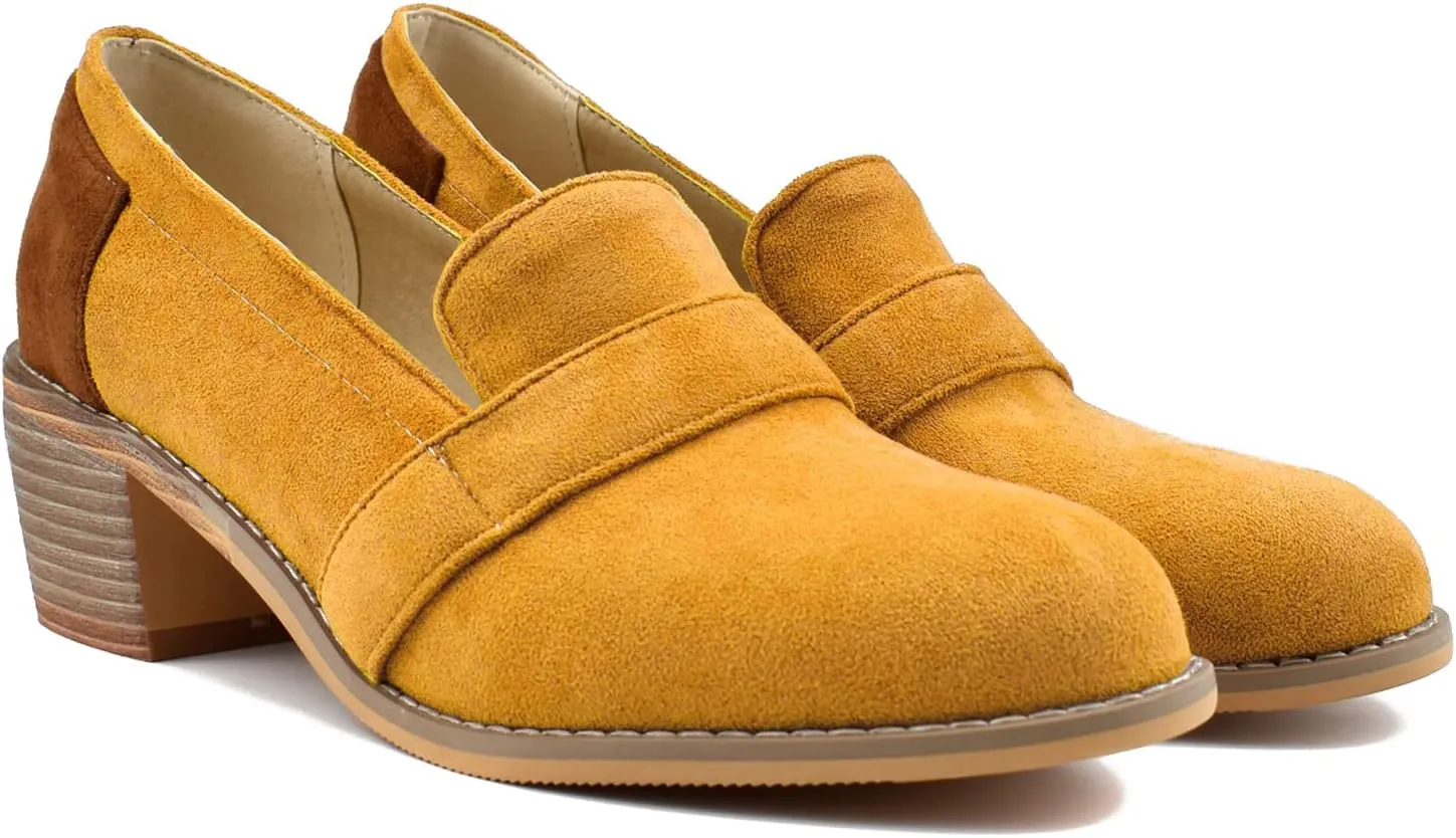 MOOMMO Women Chunky Stacked Heel Loafers Pumps Round Closed Toe Slip On Suede Penny Loafer Two-Toned Plus Size 4-14 M US