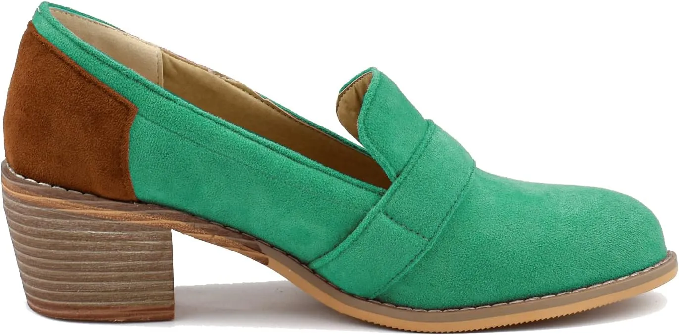 MOOMMO Women Chunky Stacked Heel Loafers Pumps Round Closed Toe Slip On Suede Penny Loafer Two-Toned Plus Size 4-14 M US