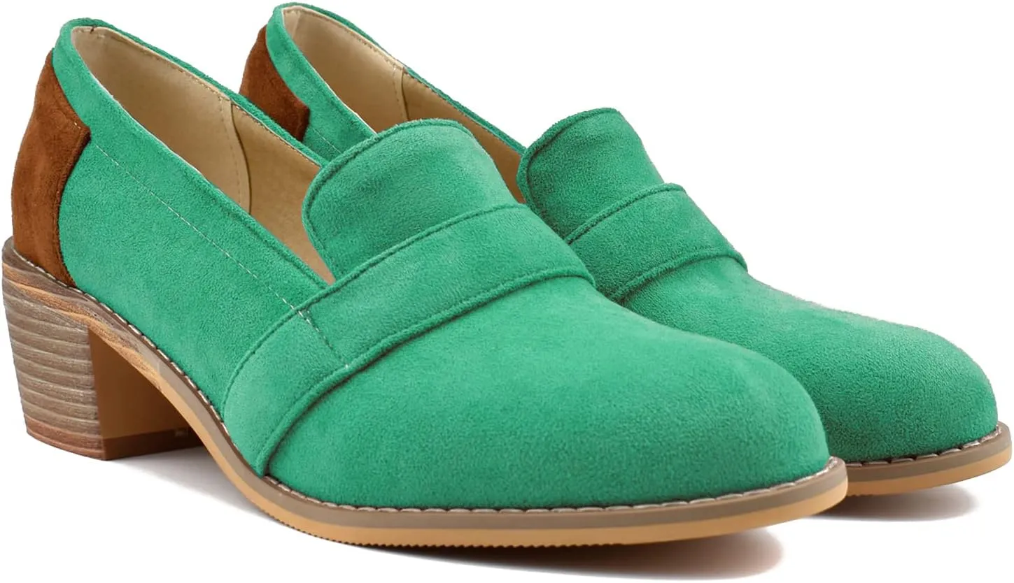MOOMMO Women Chunky Stacked Heel Loafers Pumps Round Closed Toe Slip On Suede Penny Loafer Two-Toned Plus Size 4-14 M US