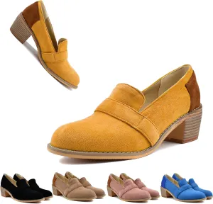 MOOMMO Women Chunky Stacked Heel Loafers Pumps Round Closed Toe Slip On Suede Penny Loafer Two-Toned Plus Size 4-14 M US