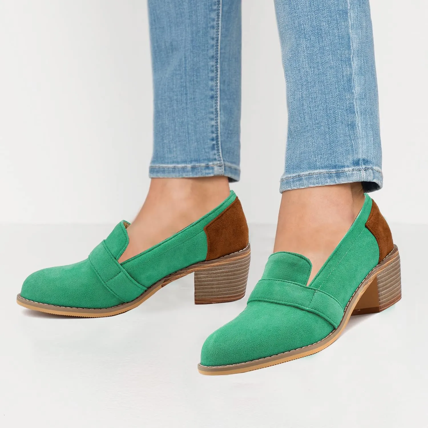 MOOMMO Women Chunky Stacked Heel Loafers Pumps Round Closed Toe Slip On Suede Penny Loafer Two-Toned Plus Size 4-14 M US