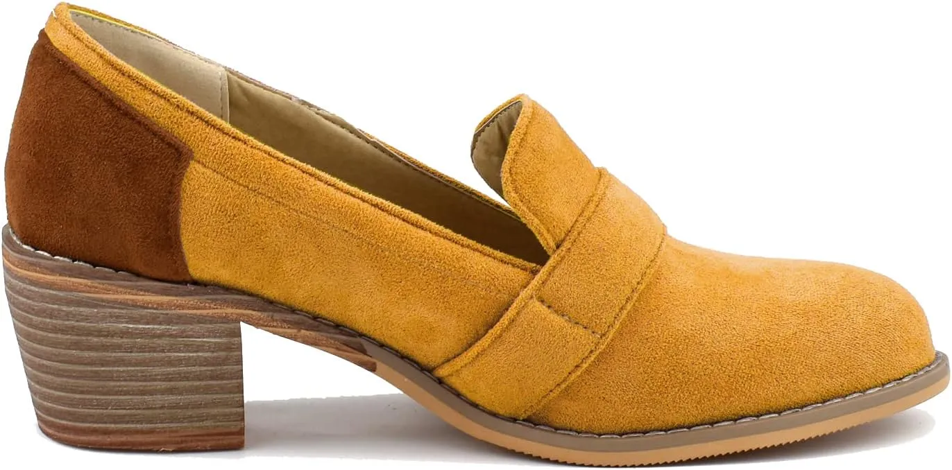 MOOMMO Women Chunky Stacked Heel Loafers Pumps Round Closed Toe Slip On Suede Penny Loafer Two-Toned Plus Size 4-14 M US