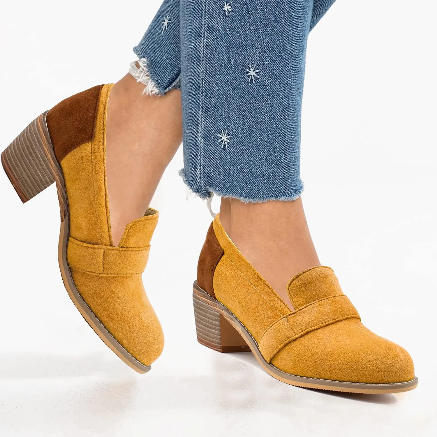MOOMMO Women Chunky Stacked Heel Loafers Pumps Round Closed Toe Slip On Suede Penny Loafer Two-Toned Plus Size 4-14 M US